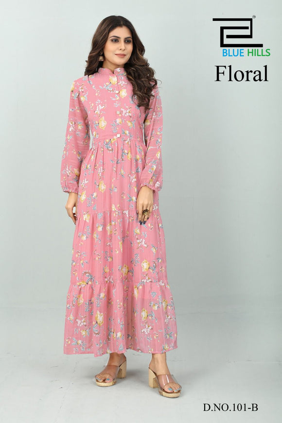 Blue Hills , Pink Floral Chiffon Full Length Gown for Women -OM001FLGP