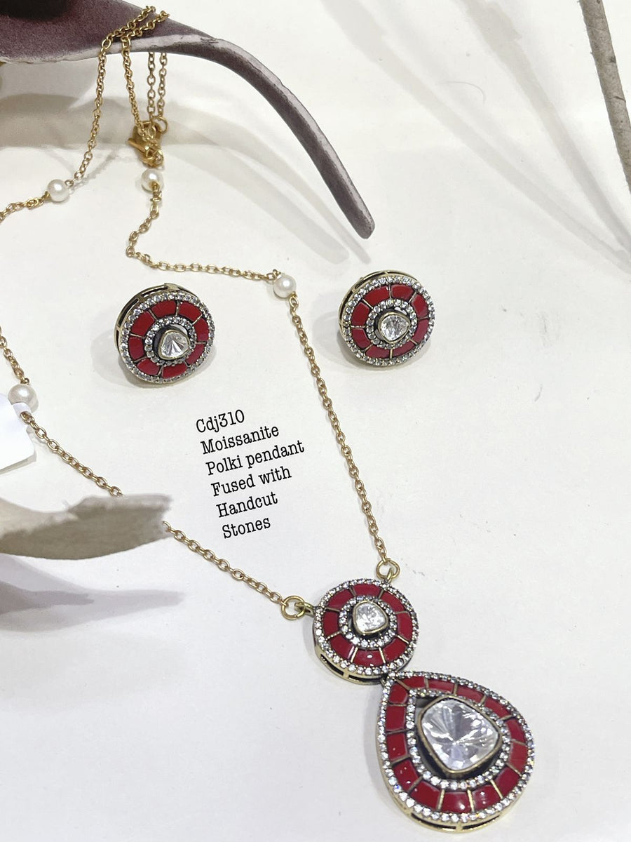 Deep Red Moissanite Polki Pendant with Uncut Stones Pendant Set with Chain for Women -MOE001UPB
