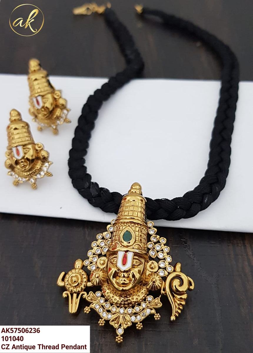 Gold Necklace Black Thread Long Chain With Pendant Lord Balaji