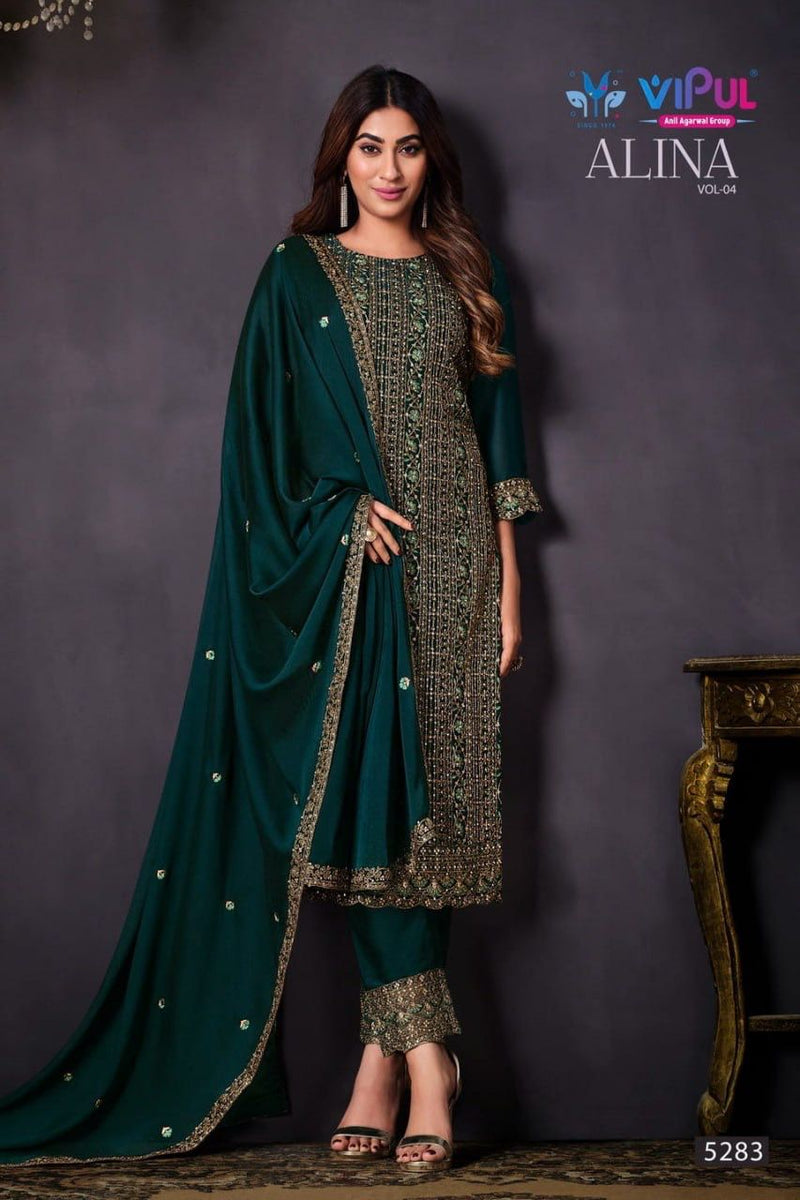 ALINA VOL-4 ,Deep Green Semi stitch Salwar suit Material for women