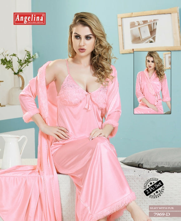 Premium  2 Pc  Sexy Pink  Fur  Nighty for Women-RG001SNP