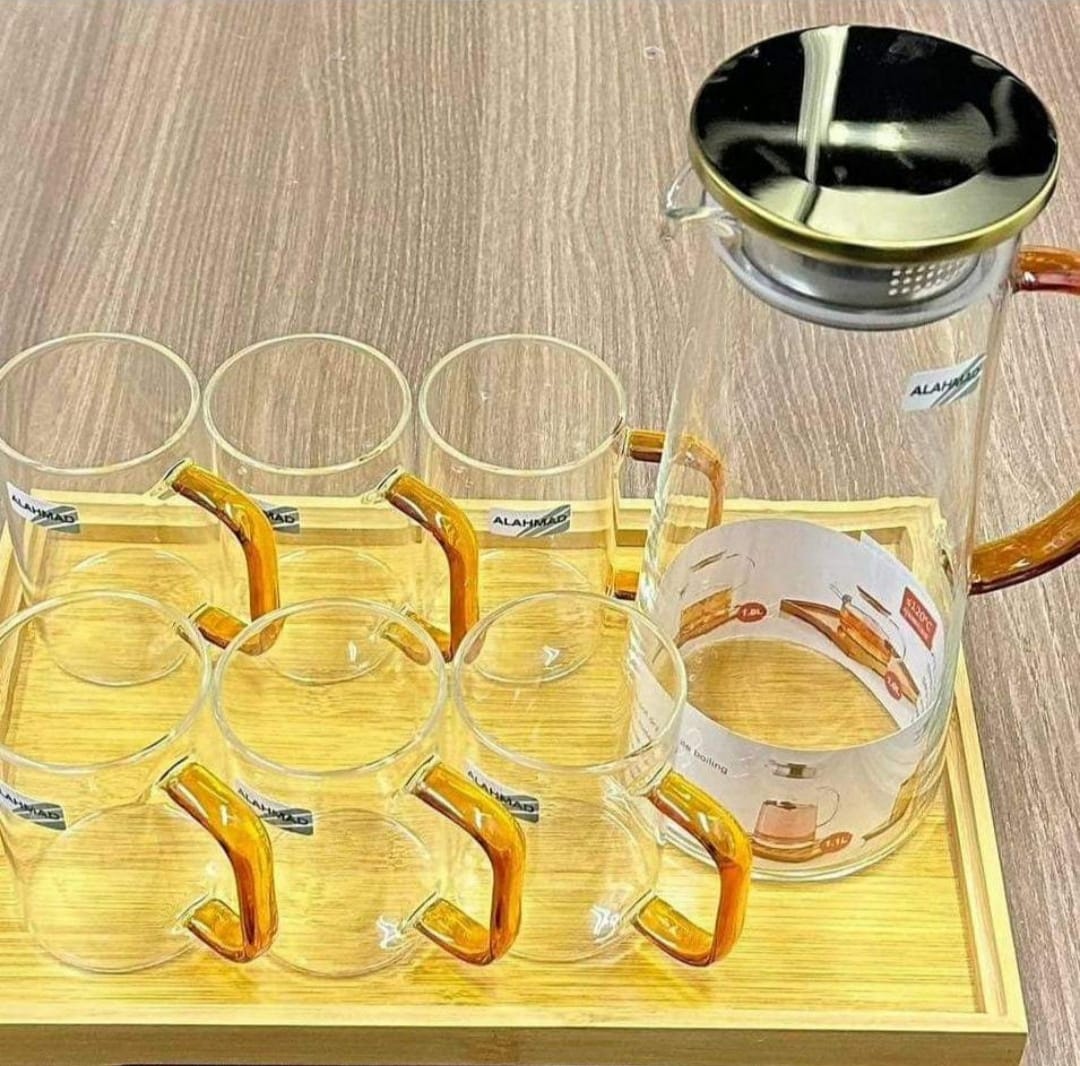 Beautiful Glass Pitcher Set with Wooden Tray -US001PT – www.soosi