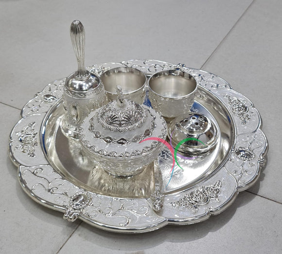 Exclusive collection for festive season Puja Celebrations White Enamel German Silver Pooja Set (14 inch )-USS001WEB