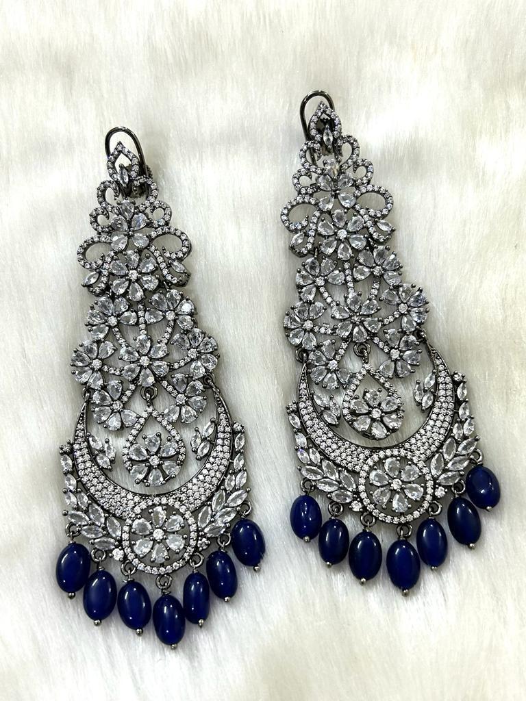 Anarkali Blue Zircon Diamond Long earrings in Victorian Black