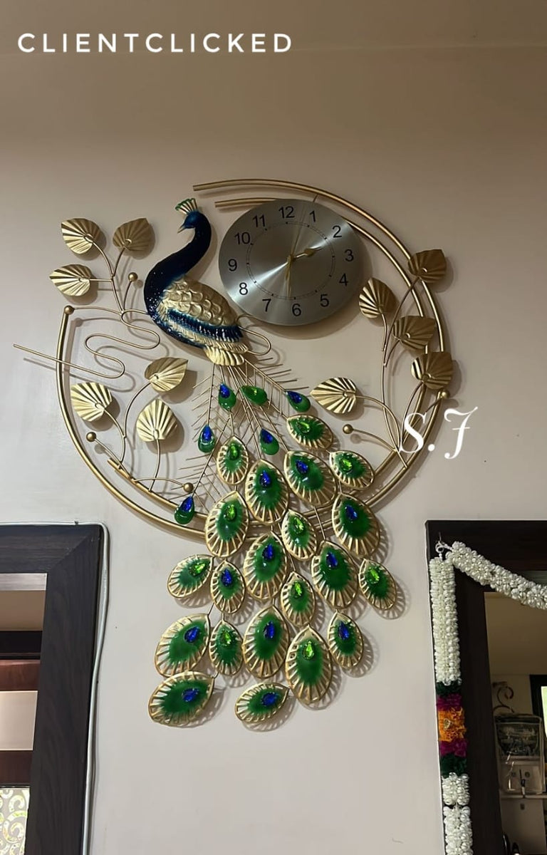 Golden Mayuri Peacock Clock With Wall Art with Beautiful Stone