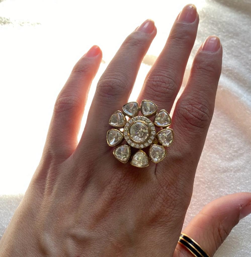 Manika Real Silver with Gold Plating Original Polki Moissanite Ring for  Women -GOLD001SR - Main Image