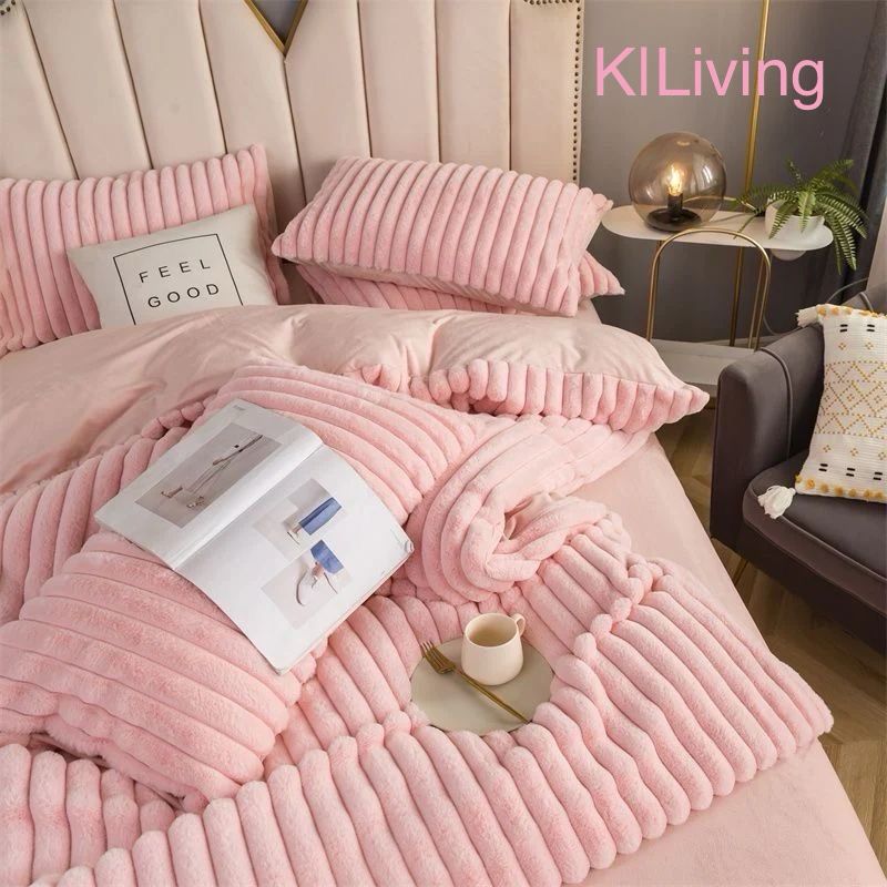 Pink Shade Rabbit Fur New range of winter King Size Bedding Set -PREET001RFB