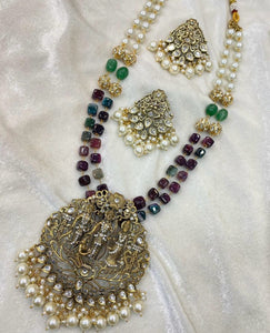 Ram Darbar Necklace Set set in Victorian finishing with handmade aati puwai-MOE001RDB