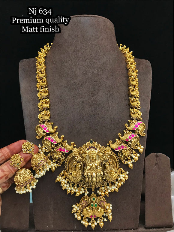 Kalakarni , elegant Matte gold finish Long Bridal Lakshmi Temple Necklace Set for women -SHAKI001LB