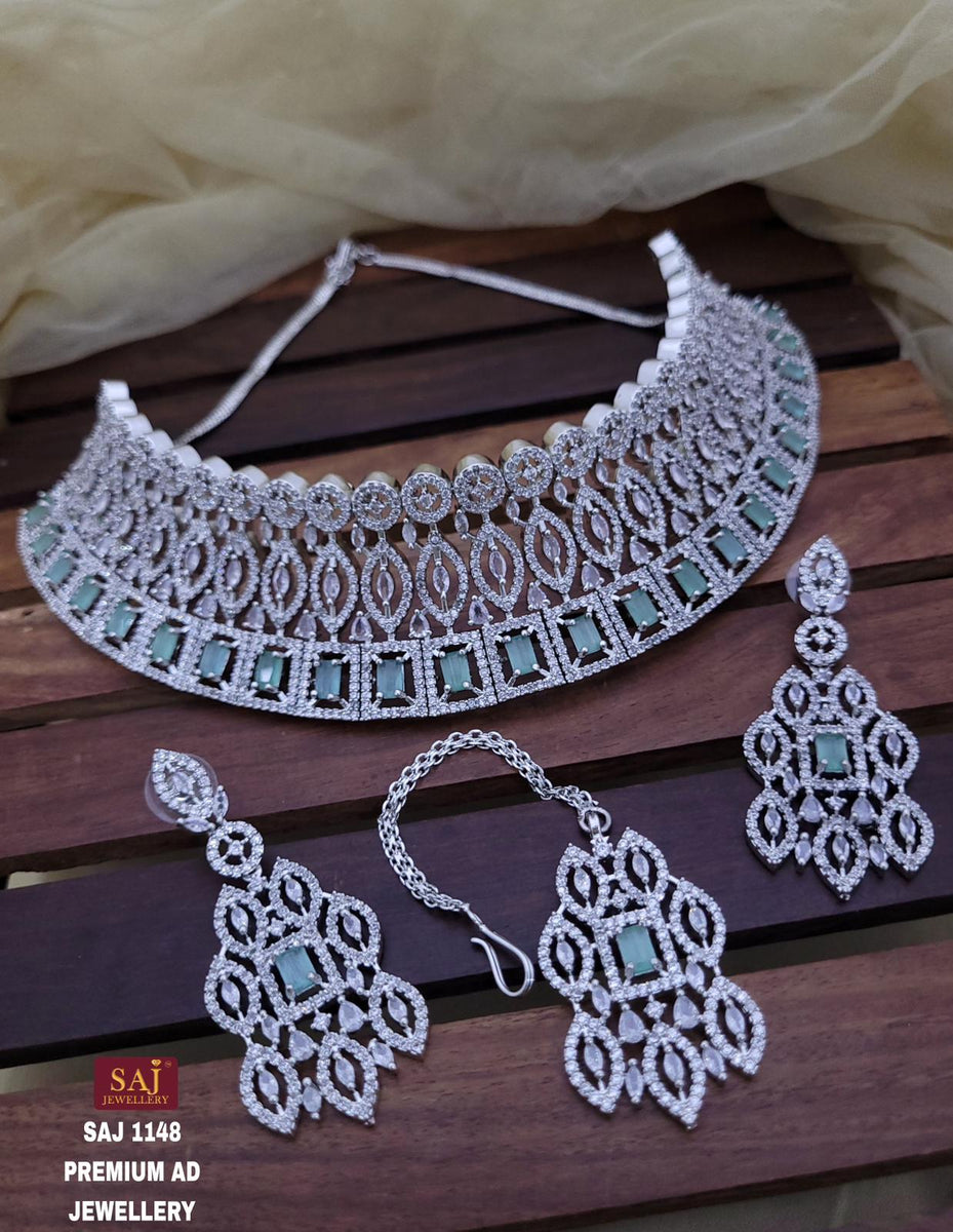 Clara elegant American Diamond Choker Necklace Set with Mangtikka for  women -SANDY001PG