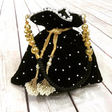 Bridal Velvet Embroidered Potli bags with pearl embellishments and Golden tassels
