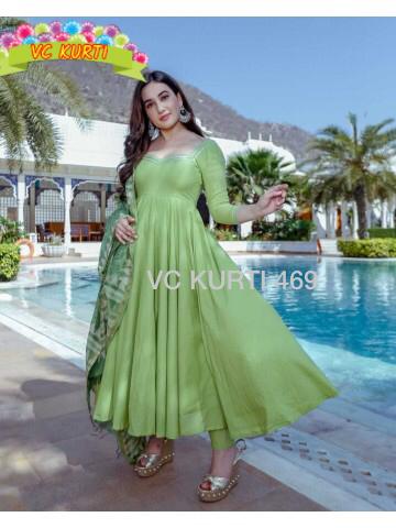 Parrot Green Vc kurti 469,New Summer Party Wear Collectio  Anarkali Kurti  Bottom with Cotton  Hand Block Printed Dupatta.