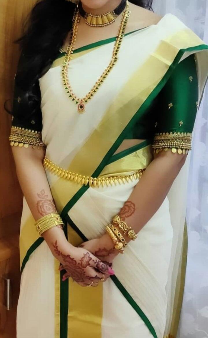 Elegant Handworked Blouse piece with Golden and Green Bordered