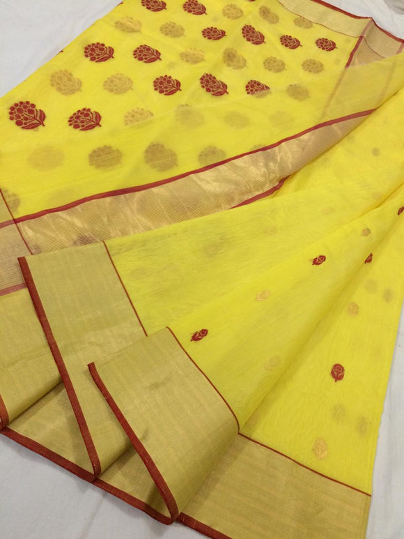 YELLOW CHANDERI SILK COTTON SAREE WITH RED FLOWER DESIGNS AND RED PIPING-SACSCS001