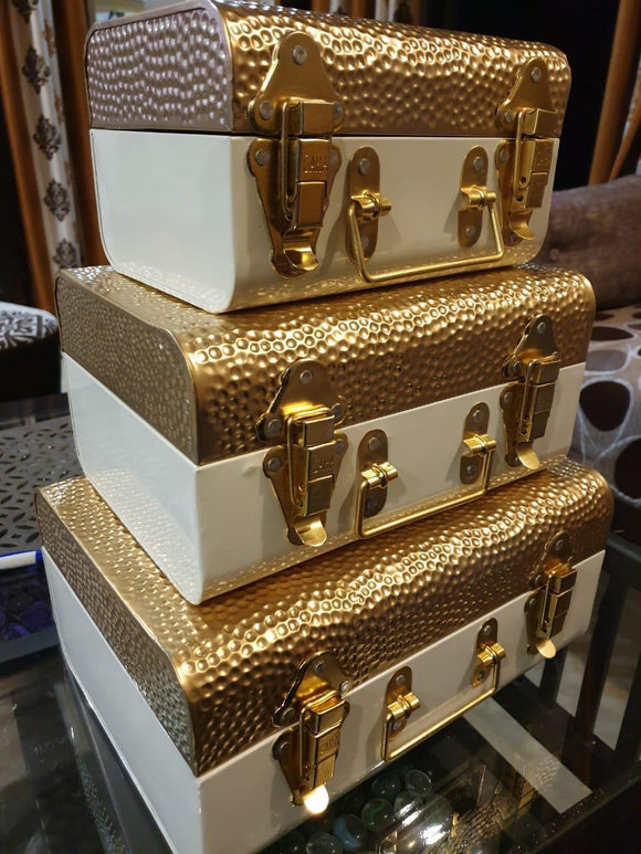 Designer Buxa Golden &White Finish Metal Trunk Box, Storage Box, Jewellery, Multipurpose Storage - Set of 3 Boxes-1HDVB001