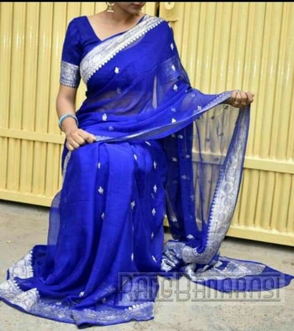 Exclusive Banarasi Handwoven Silver zari Indigo blue   Pure Chiffon Silk Saree for Women -21EBKWS001IB