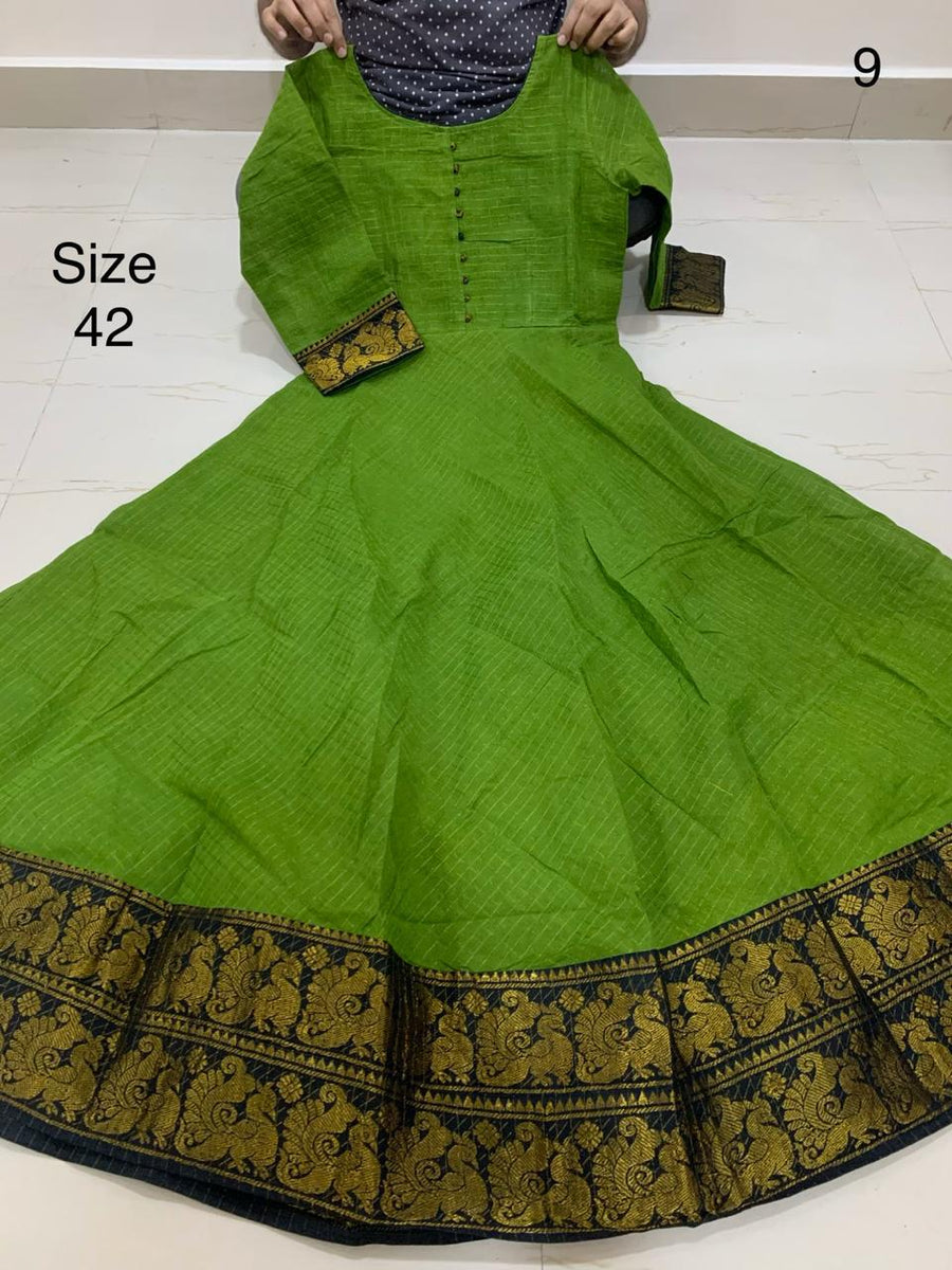 MUSTARD GREEN , Madurai Sungudi All over Zari checks Fabric Long Gown www.soosi.co.in MUSTARD GREEN , Madurai Sungudi All over Zari checks Fabric Long Gown www.soosi.co.in