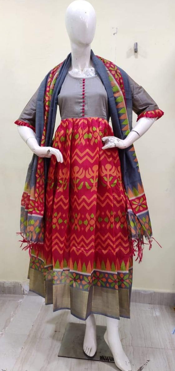 PINK AND GREY COLOR  IKAT HANDLOOM SILK COTTON KURTI WITH DUPATTA FOR WOMEN -KFISK001PG
