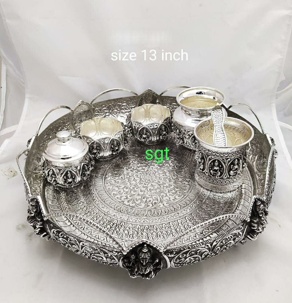 SHREYAS , BEAUTIFUL HAND CRAFTED ANTIQUE FINISH GERMAN SILVER POOJA TH