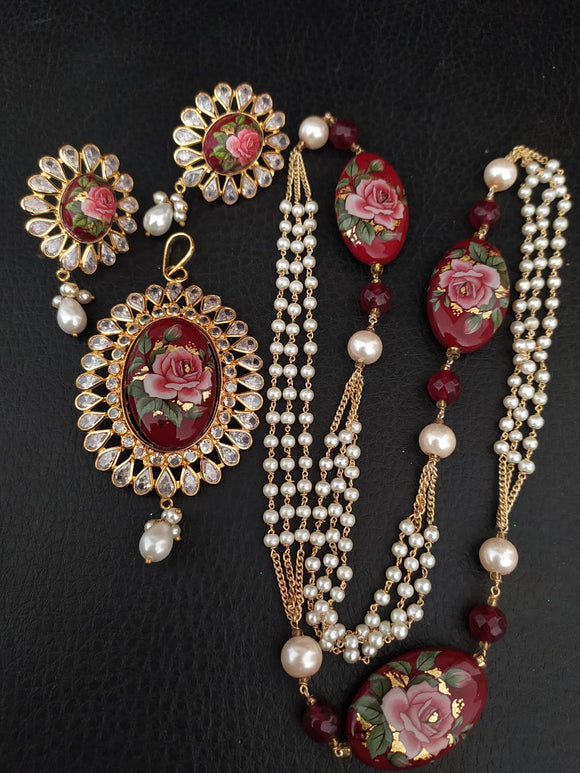 MAROON TRADITIONAL HANDPAINTED POLKI  CHAIN WITH EARRINGS AND PENDANT-SOCPPS001M