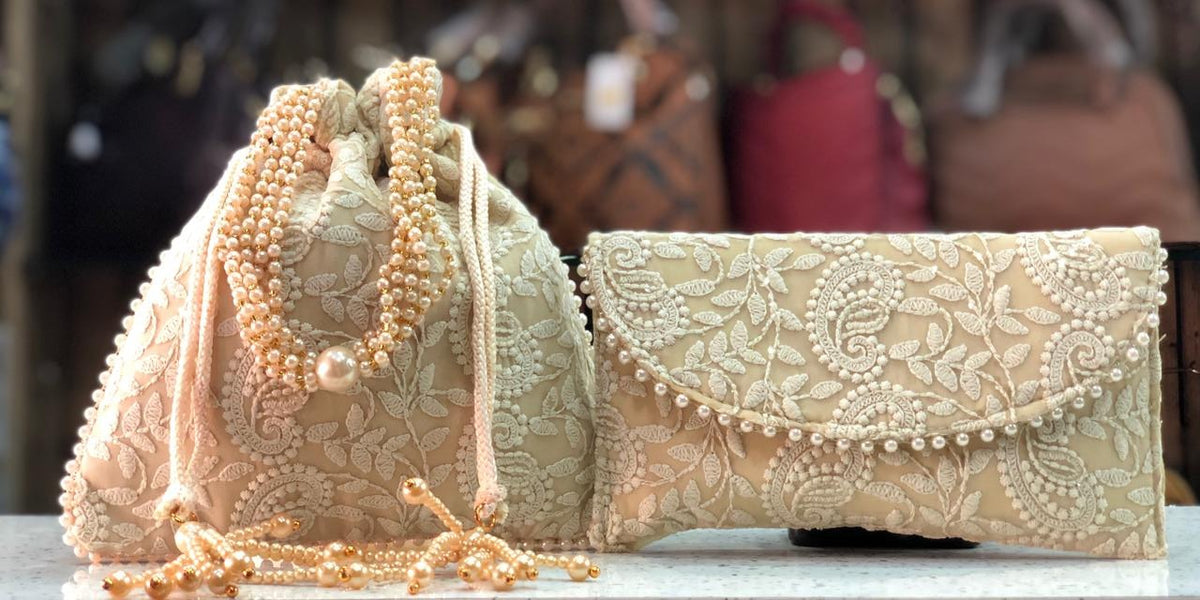 BEIGE CHIKANKARI LUCKNOWI CLUTCH BAG AND POTLI BAG COMBO FOR WOMEN