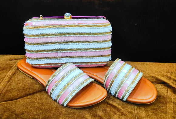 PASTEL PINK AND BLUE SEQUINS  WORK  ,FLAT SANDALS AND CLUTCH COMBO FOR WOMEN -JCC001PB