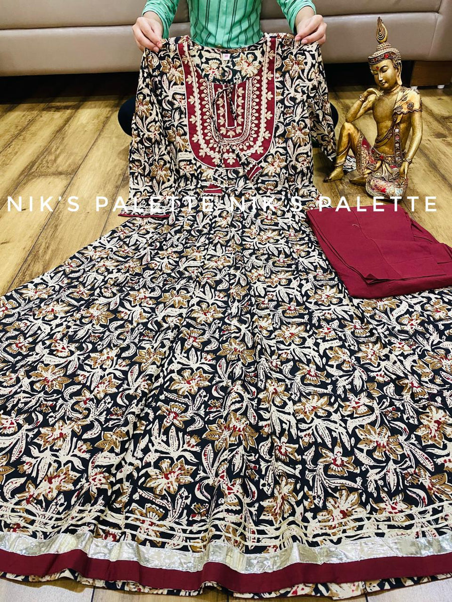 white christmas dresses Premium Cotton Kalamkari Print Anarkali Kurti & Gota work on Yoke pair –  www.soosi.co.in