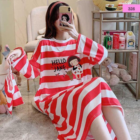 HELLO JANE, RED AND WHITE STRIPES  TRENDY COMFY COOL SLEEP WEARS FOR WOMEN -DPSW001HJ