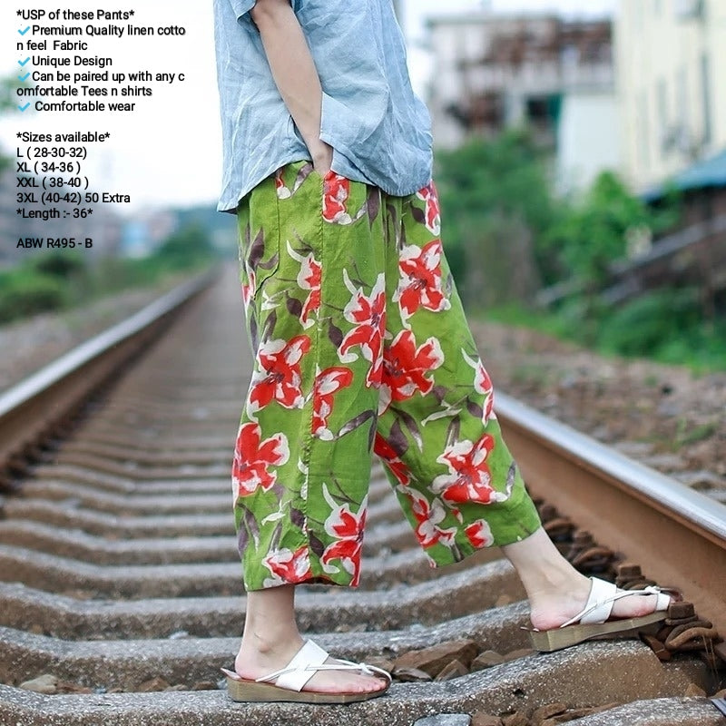 Ladylike Flowers Printed Baggy Trousers Linen Comfortable Wide Leg