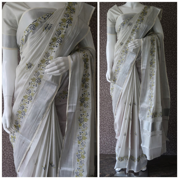 Cross Stitch on Kerala Cotton Silver Tissue Sarees with Running Plain Blouse-KIASTS001CZ