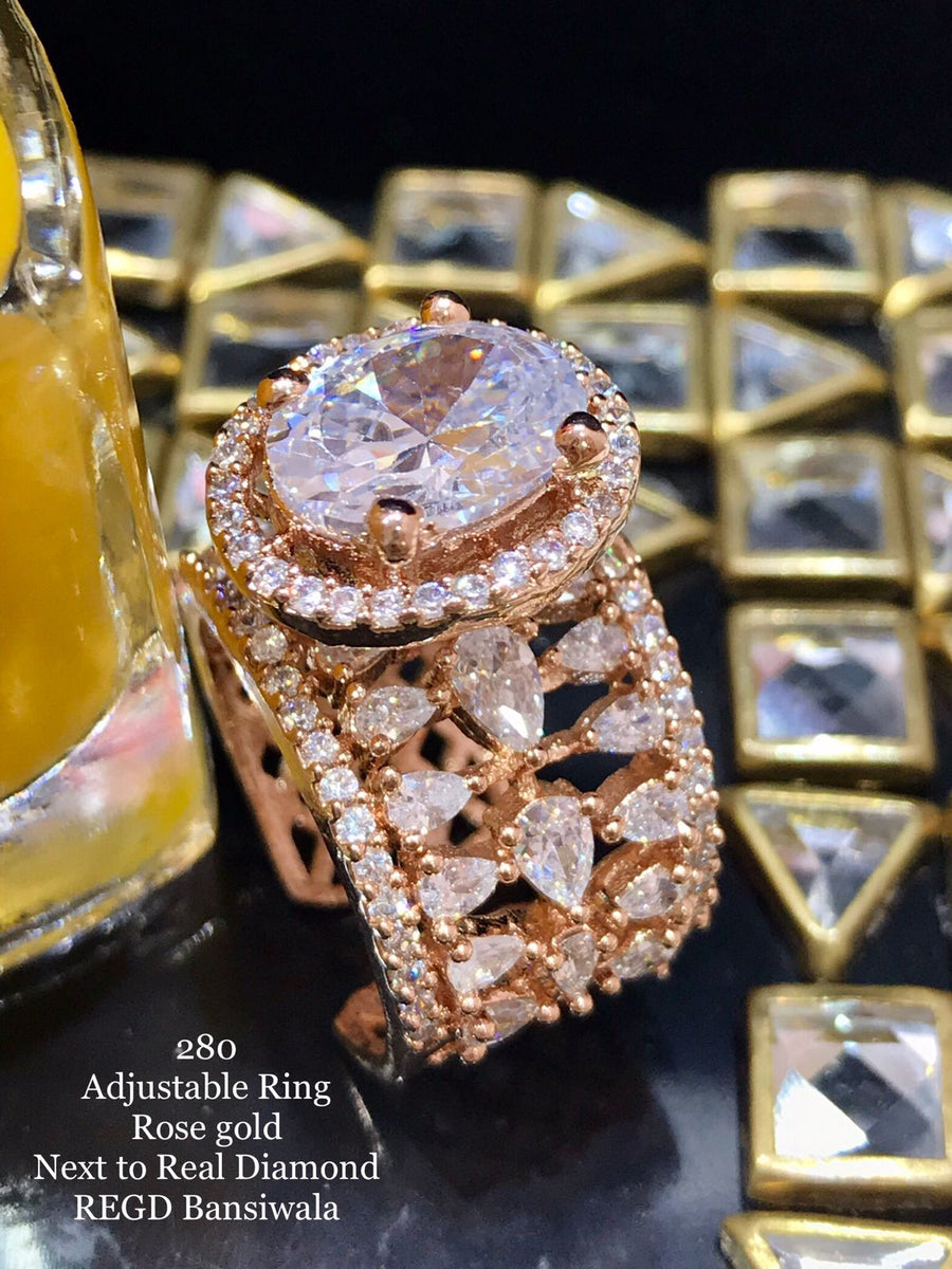 ARYANA, ROSE GOLD FINISH ADJUSTABLE AMERICAN DIAMOND RING FOR WOMEN -M –