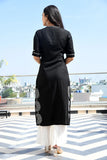 Black  rayon side slit embroidered kurta paired with white rayon low cut flared sharara (2pcs set)-DPBKPS