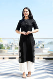 Black  rayon side slit embroidered kurta paired with white rayon low cut flared sharara (2pcs set)-DPBKPS