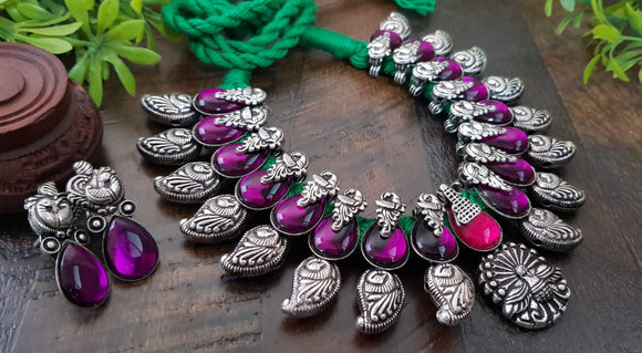 PURPLE LOVE, KOLHAPURI GERMAN SILVER DESIGNER NECKLACE WITH PURPLE STONES AND GREEN THREAD -LORD001PL