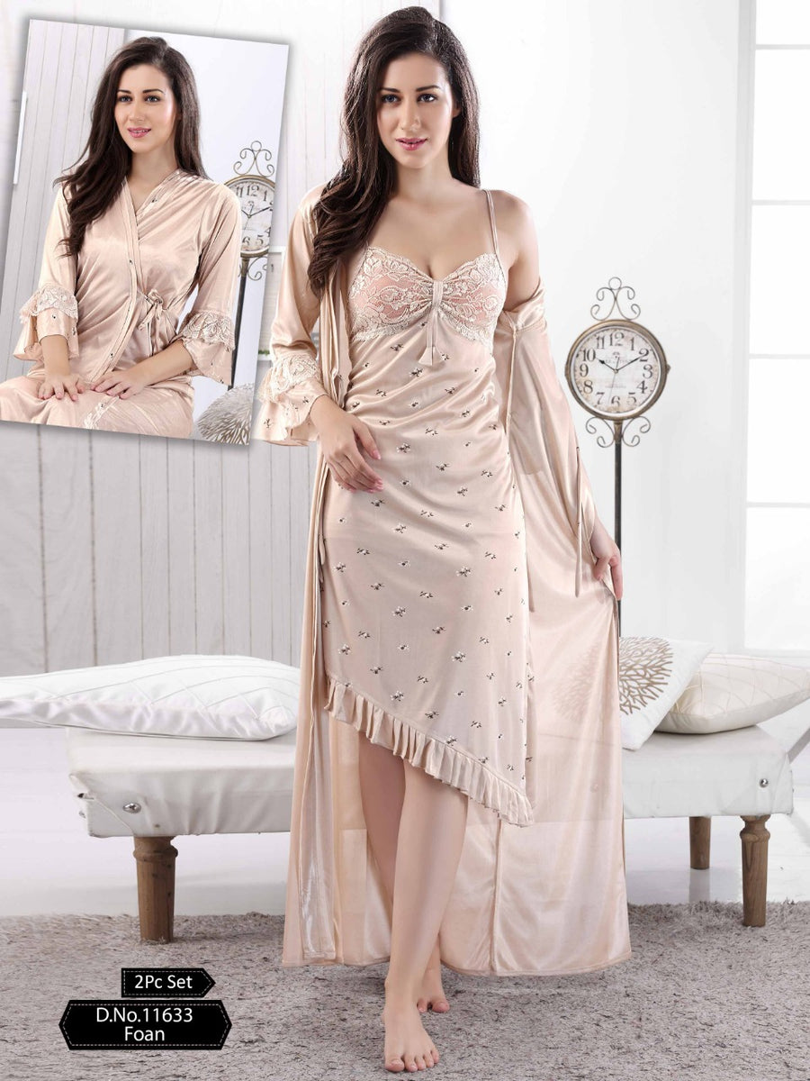 Beige Luxury Extra Premium Quality 2 Pc Sexy Night Dress for Women -LY –