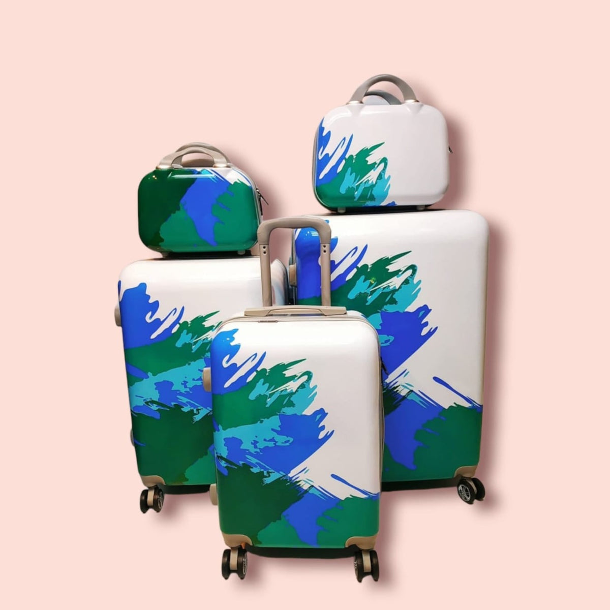BLUE AND GREEN DESIGNER TRAVEL TROLLEY BAG SET AND VANITY BAGS