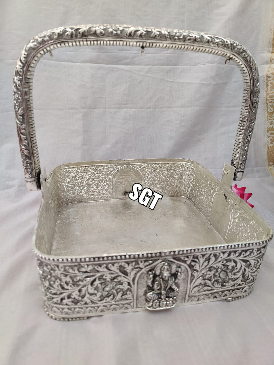 MAHALAKSHMI ENGRAVED GERMAN SILVER BIG SIZE FLOWER BASKET FRUIT