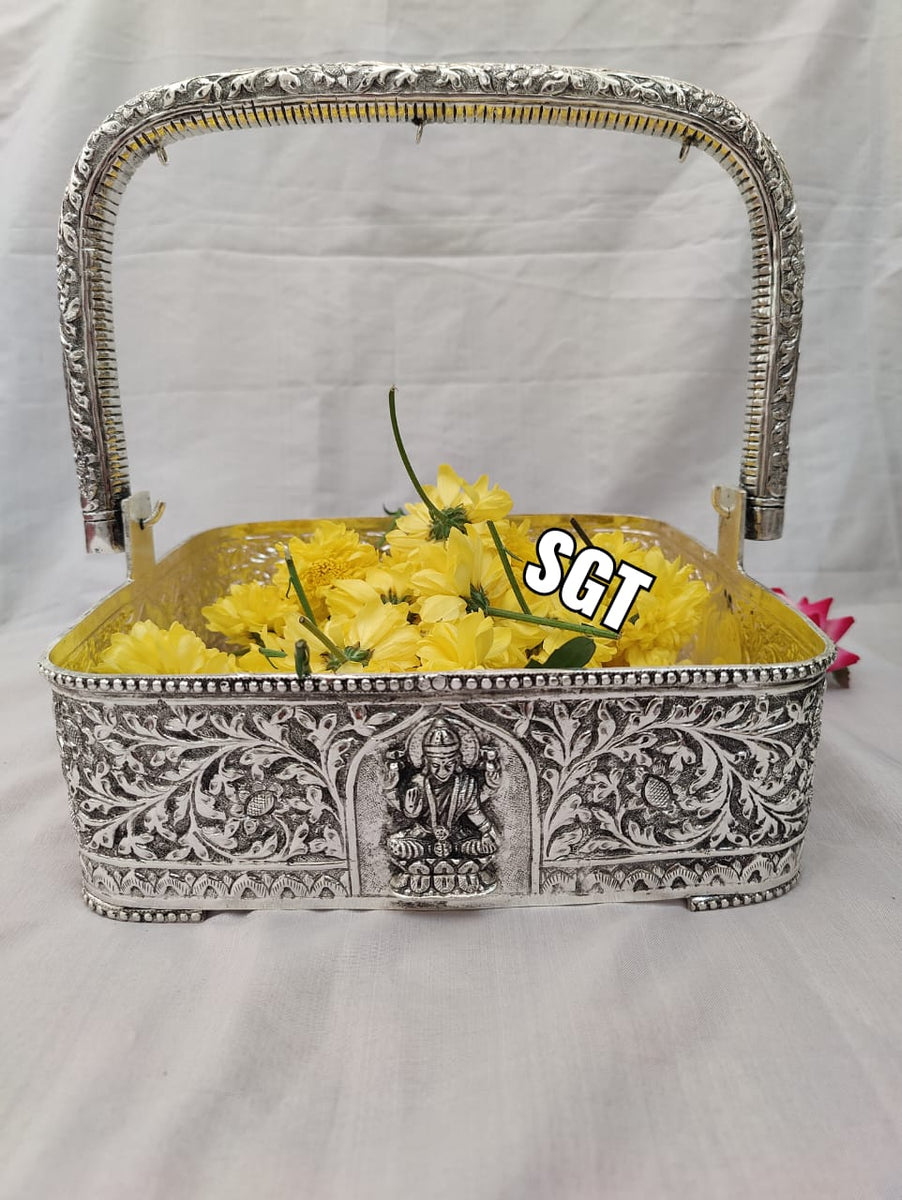 MAHALAKSHMI ENGRAVED GERMAN SILVER BIG SIZE FLOWER BASKET FRUIT BASKET WITH LONG HANDLE-SN001FB