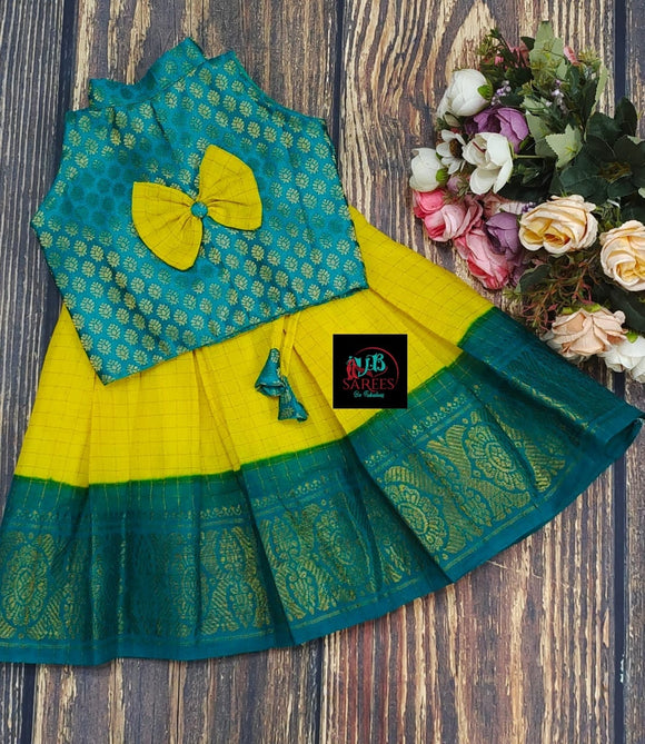 YELLOW AND BLUE SANGUDI COTTON SKIRT WITH BROCADE TOP AND BOW -SRI001SSYB