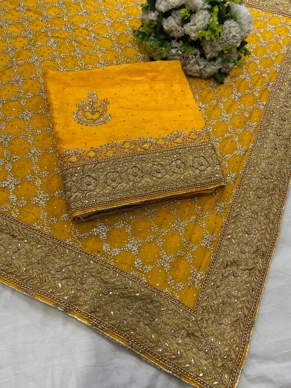 YELLOW  ELEGANT BRIDAL UPPADA SALWAR SUIT MATERIAL WITH EMBROIDERED DUPATTA FOR WOMEN -SPARKLE001Y