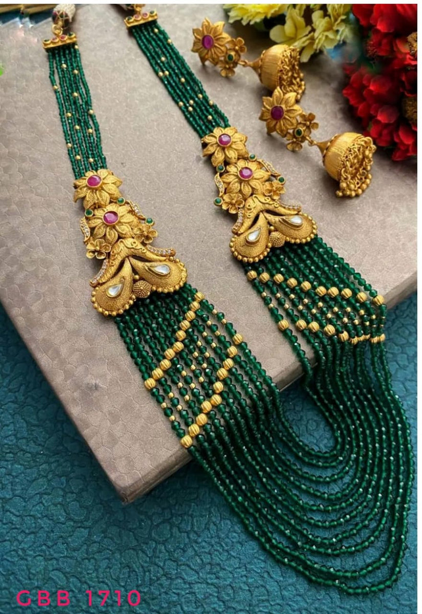NEERJA GREEN, ELEGANT GREEN BEAD LONG NECKLACE SET FOR WOMEN