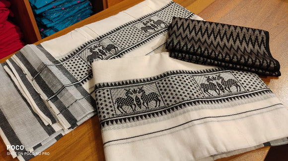 Priyamani , Cotton setmund with silver and black border with ikkat blouse-SAHEL001