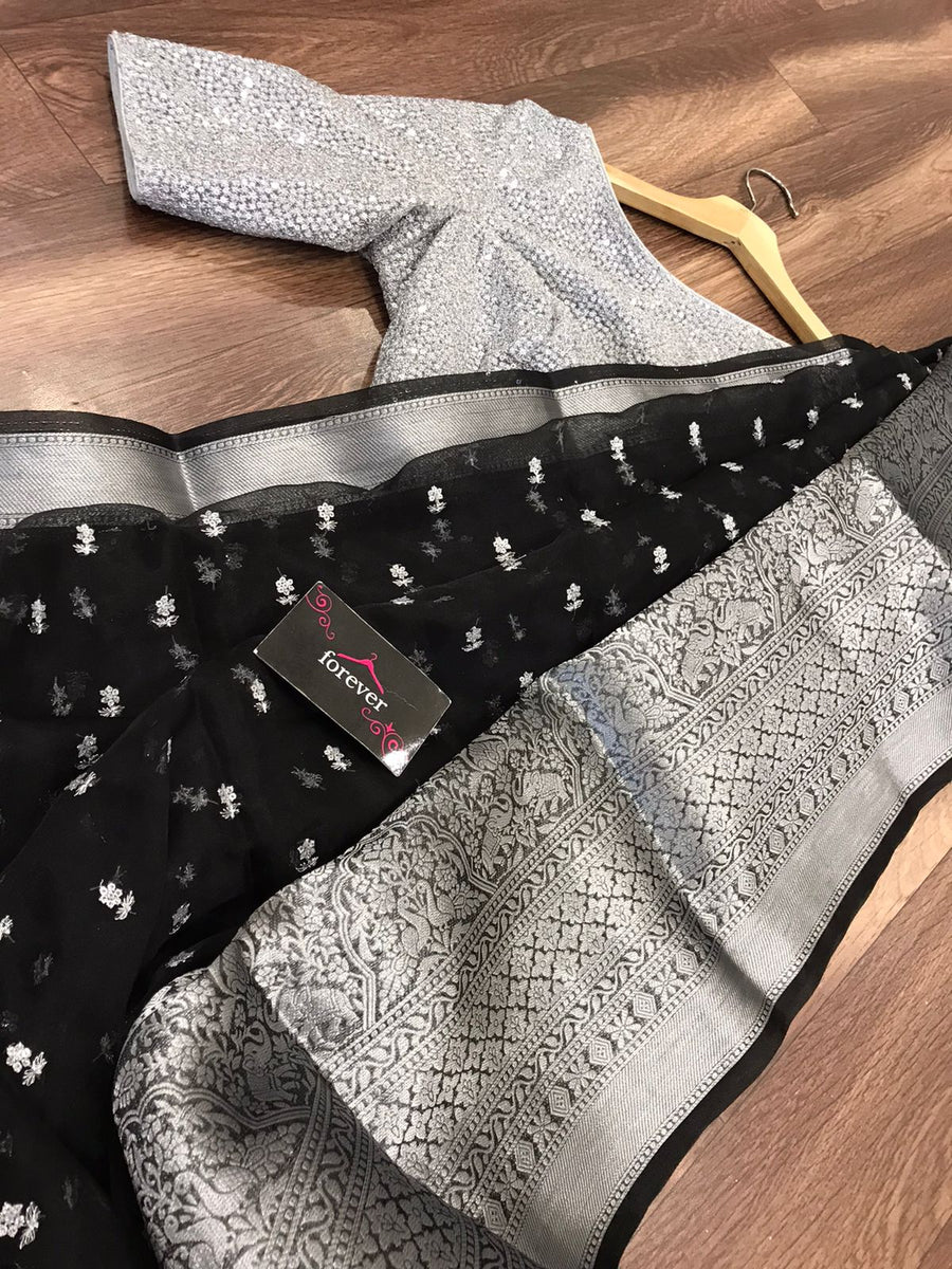 Black and Silver Combination Pure Organza Sequins work Saree with Kanchi Border and Ready to wear Blouse -FOF001BKSWB