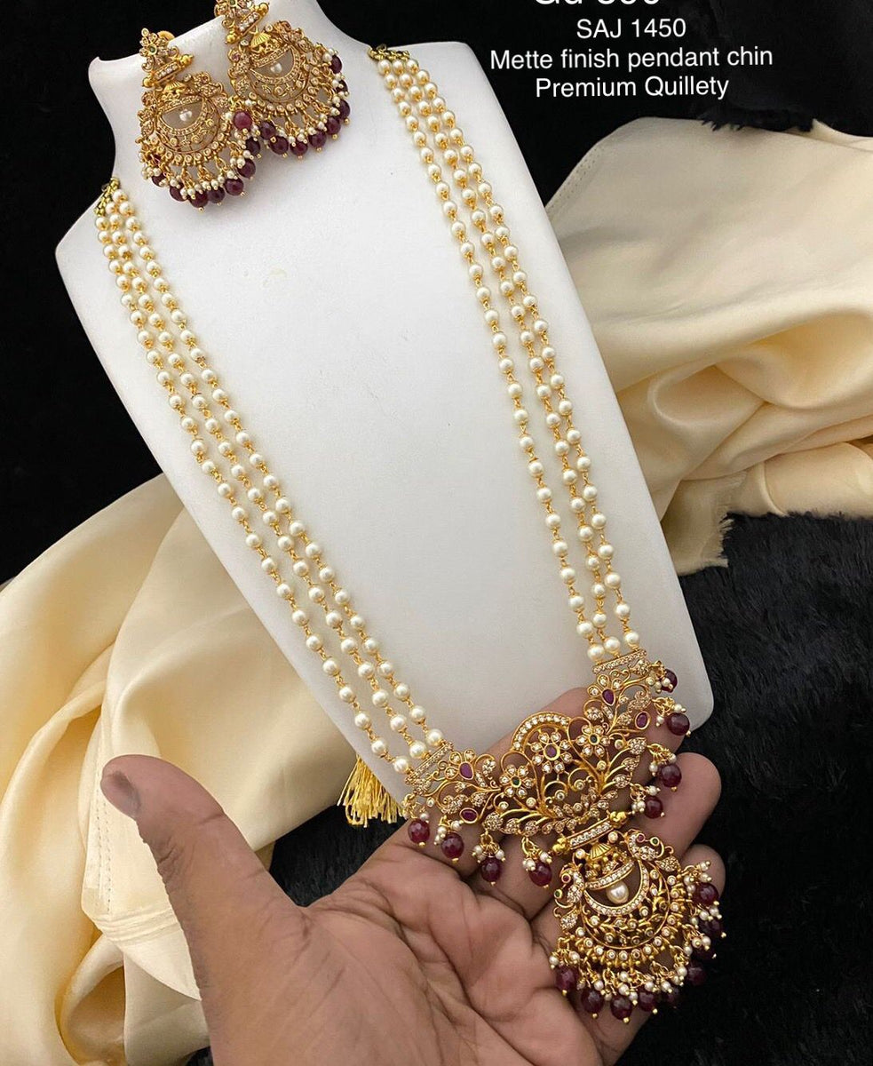 Sangini, Matte finish Layer pearl Long necklace set with Pink