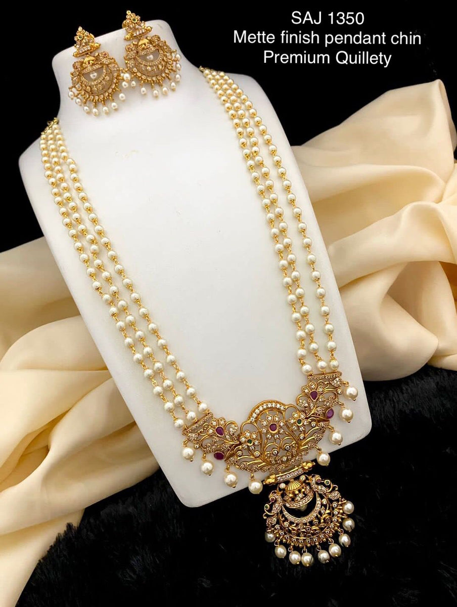 Maheshwari, Matte finish Layer pearl Long necklace set with Pearl beads pendant for women -LR001PNSE