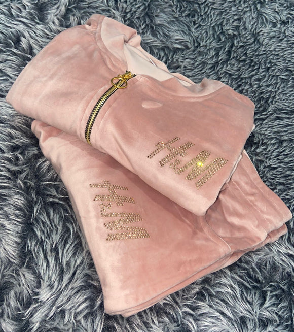 Pastel Pink , Beautiful Velvet zipper tracksuit with pocket -LR001TSC