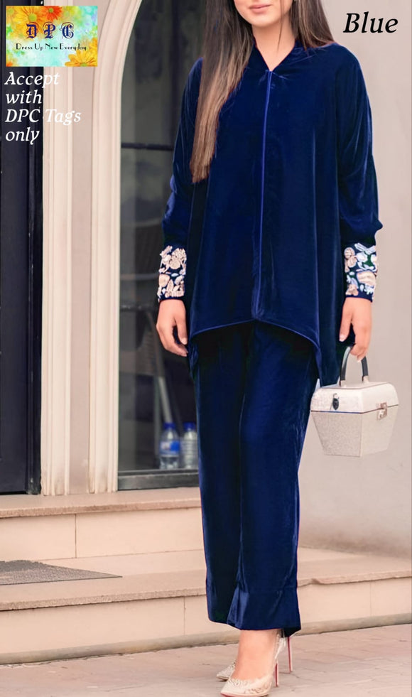 Blue  Winter Cord Set in Velvet  with Zari Embroidery on Sleeves cuff portion and Updown Top pattern paired up with Pant-GARI001CSB