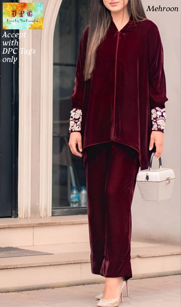 Maroon  Winter Cord Set in Velvet  with Zari Embroidery on Sleeves cuff portion and Updown Top pattern paired up with Pant-GARI001CSM
