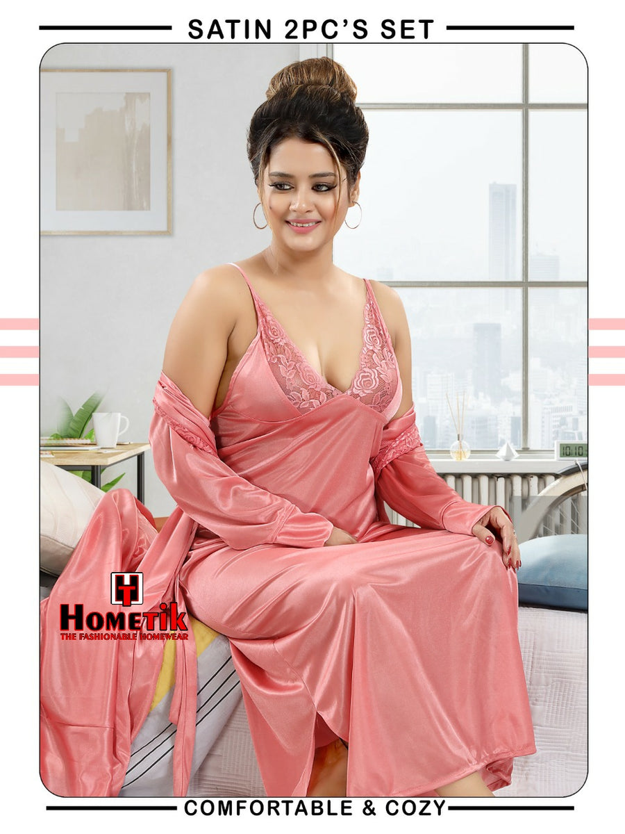 Onion Pink Shade Satin 2Pc Sexy Night Wear for Women -FOF001NWOP