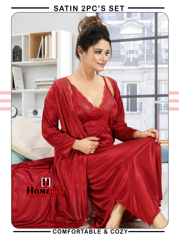 Hot Red  Shade  Satin 2Pc Sexy Night Wear for Women -FOF001NWHR